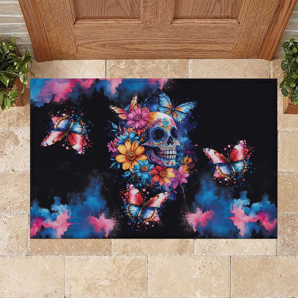 Mexican La Calaca and Butterfly Rubber Doormat Skull Day Of The Dead