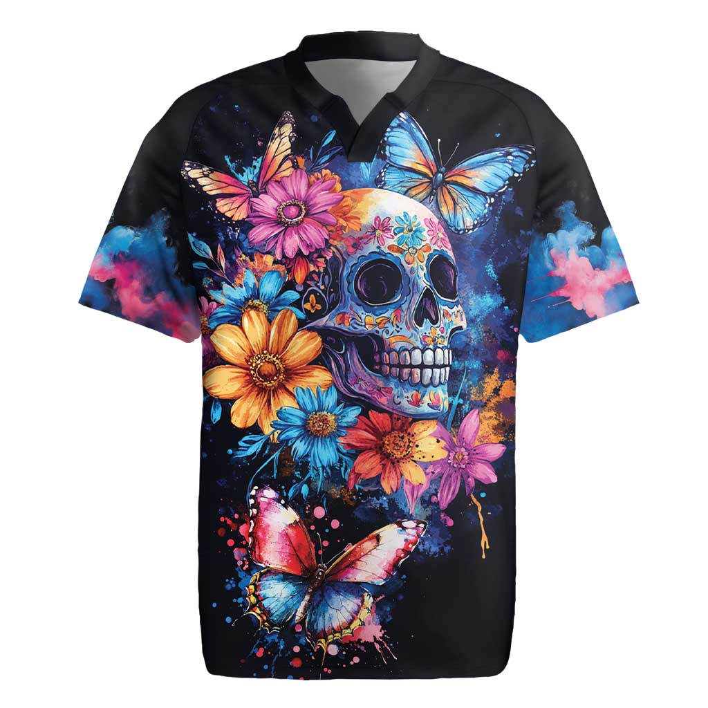 Mexican La Calaca and Butterfly Rugby Jersey Skull Day Of The Dead