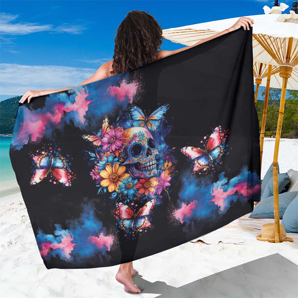 Black sarong with colorful Day of the Dead skull, butterflies, and floral print
