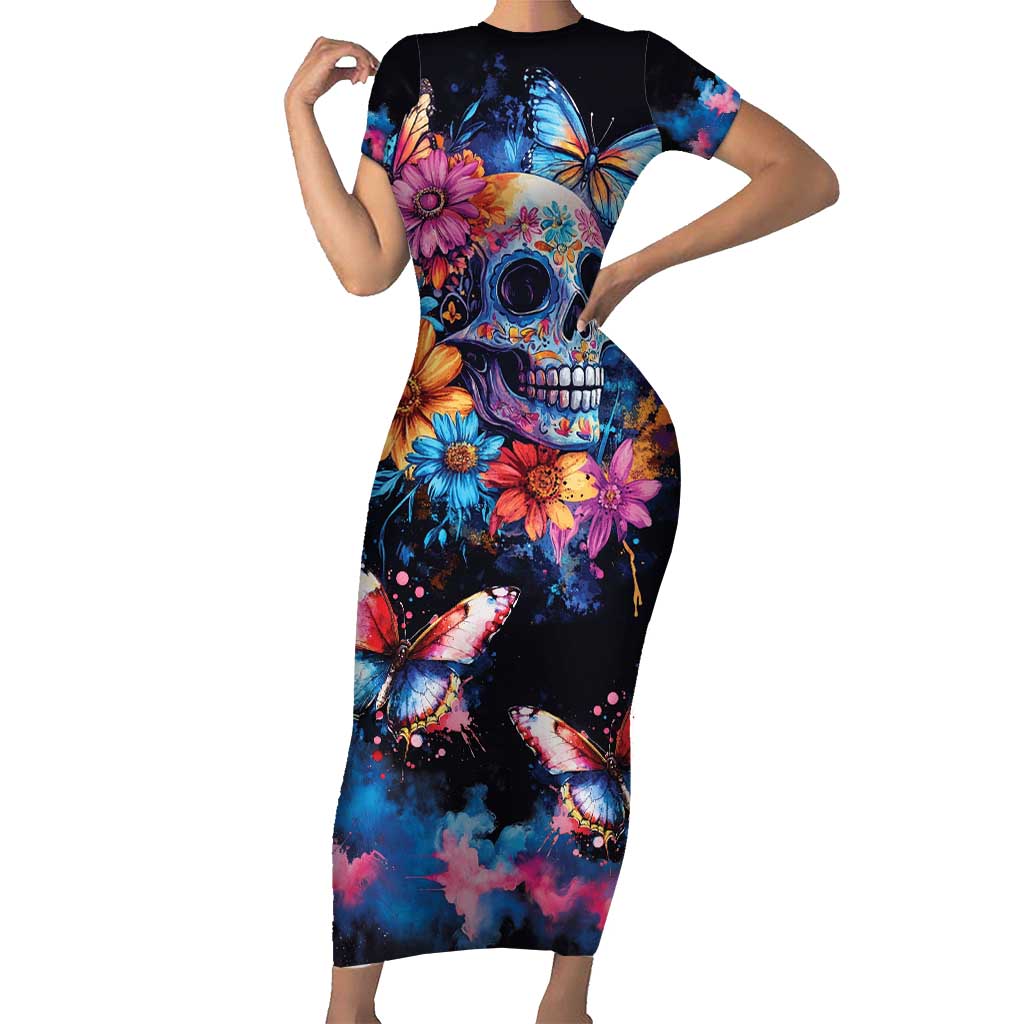 Mexican La Calaca and Butterfly Short Sleeve Bodycon Dress Skull Day Of The Dead