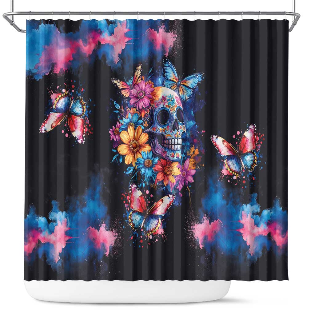 Mexican La Calaca and Butterfly Shower Curtain Skull Day Of The Dead