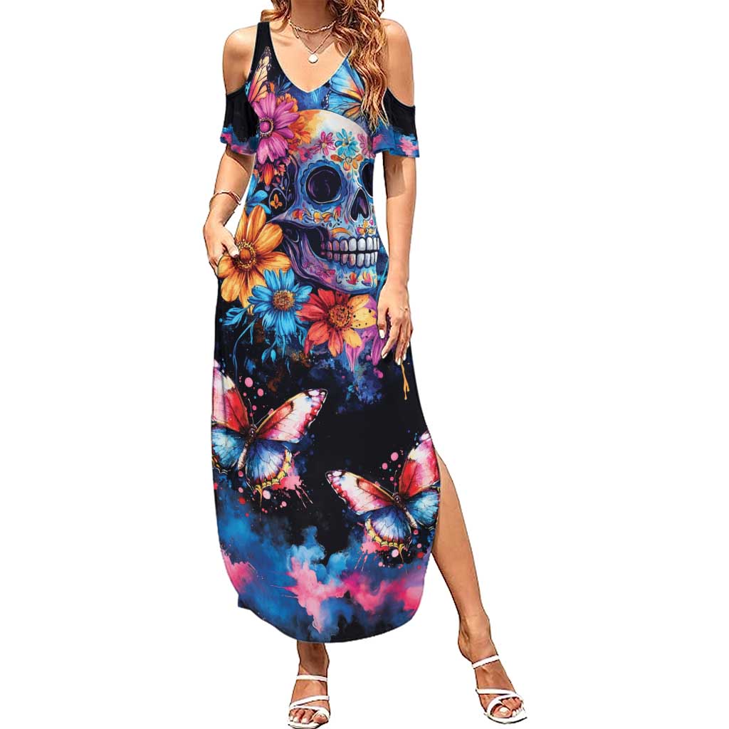 Mexican La Calaca and Butterfly Summer Maxi Dress Skull Day Of The Dead