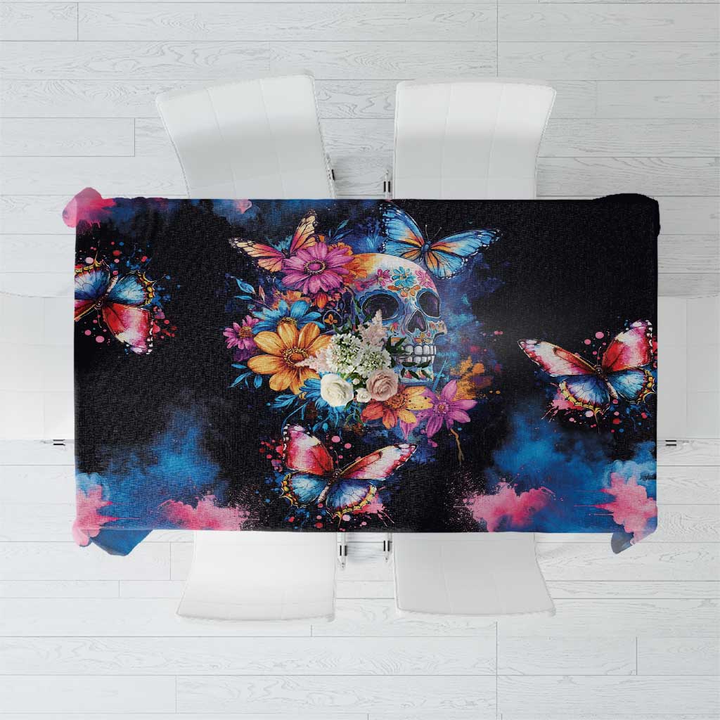Black Day of the Dead tablecloth with colorful skull, butterflies, and floral accents