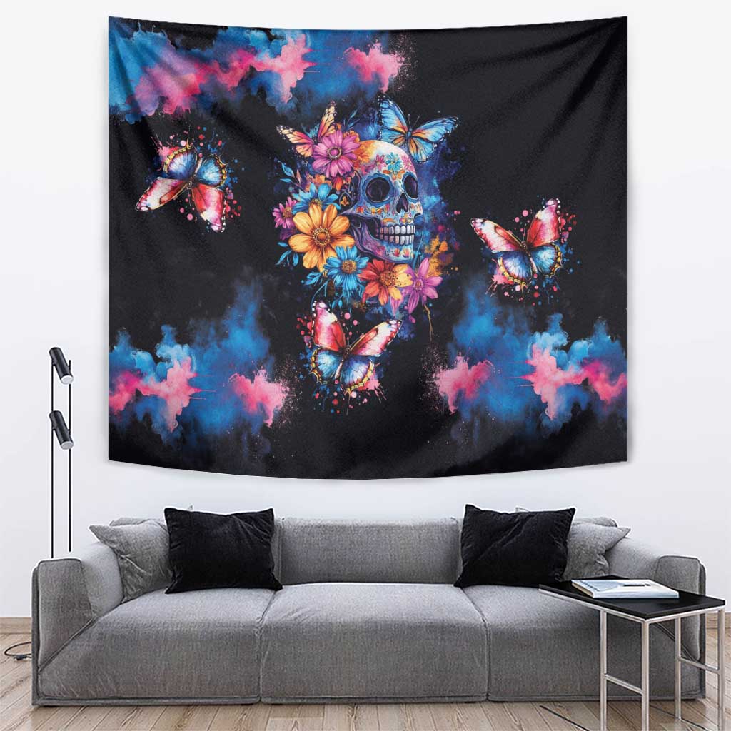 Black day of the dead tapestry with floral skull and colorful butterflies