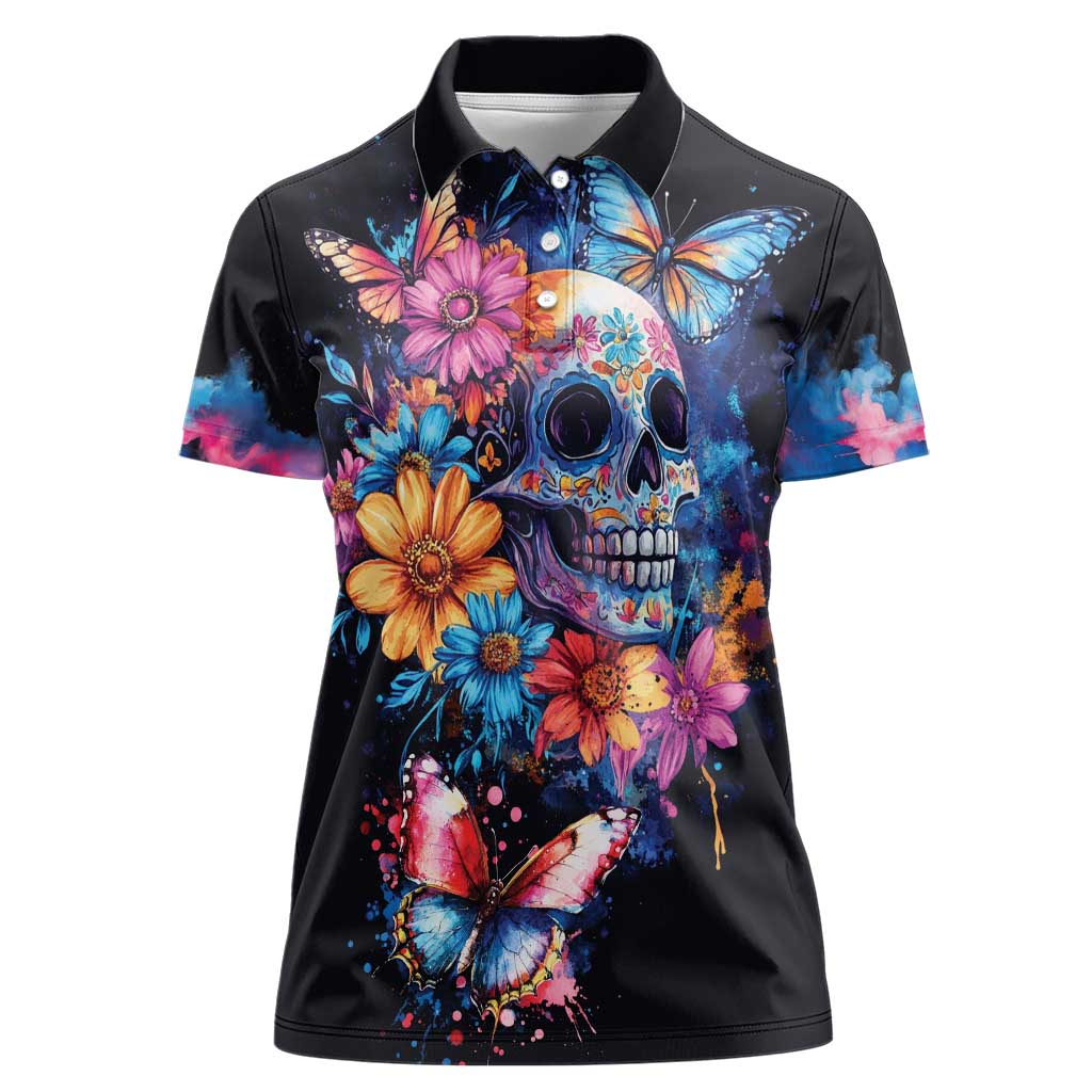 Mexican La Calaca and Butterfly Women Polo Shirt Skull Day Of The Dead