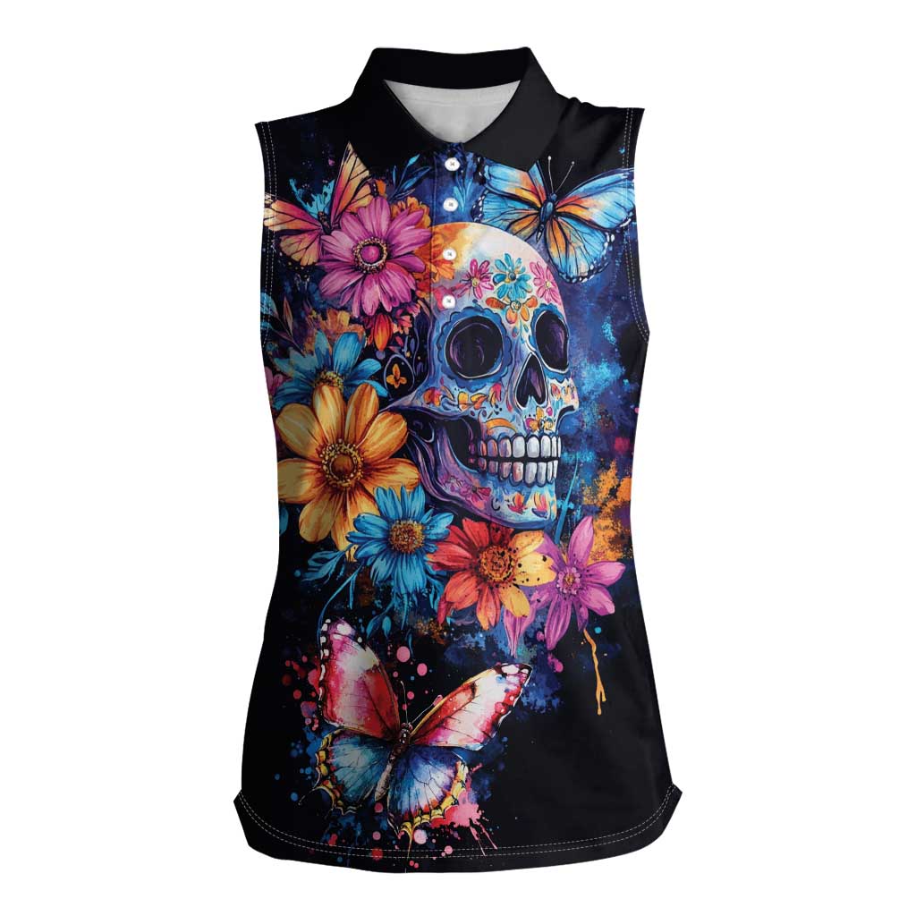 Mexican La Calaca and Butterfly Women Sleeveless Polo Shirt Skull Day Of The Dead