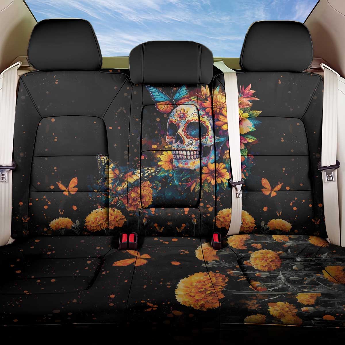 Mexican La Calaca and Marigold Flowers Back Car Seat Cover Skull Day Of The Dead