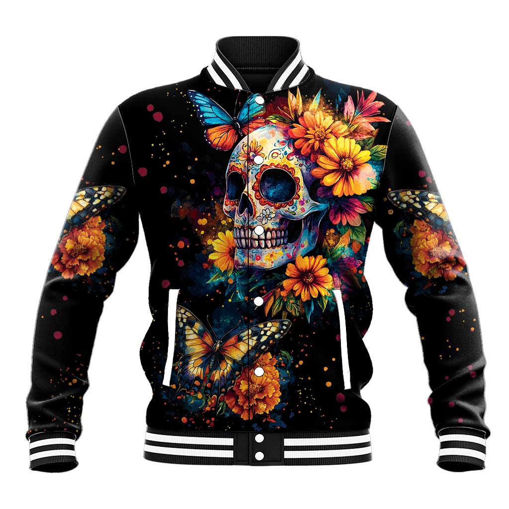 Black baseball jacket with colorful skull, marigold flowers, butterflies; striped collar and cuffs.