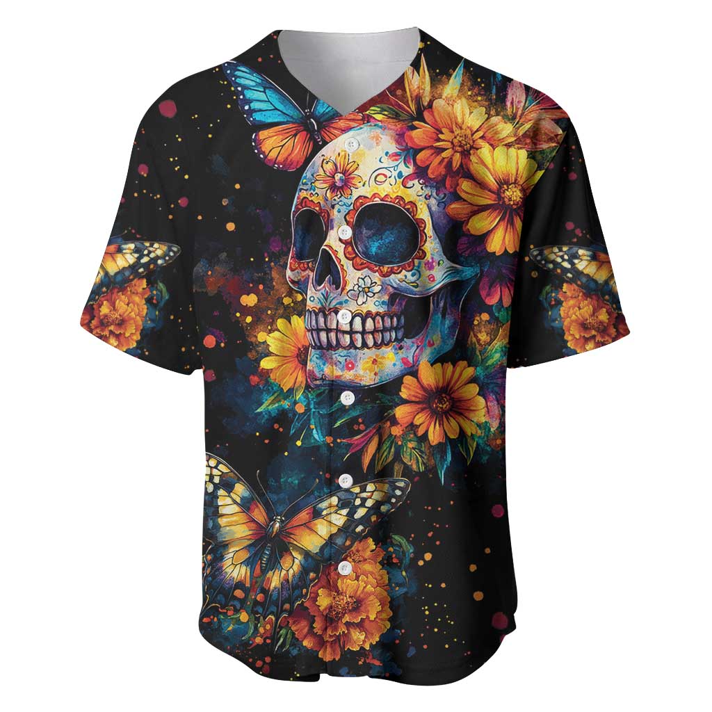 Mexican La Calaca and Marigold Flowers Baseball Jersey Skull Day Of The Dead LT9 - Wonder Print Shop