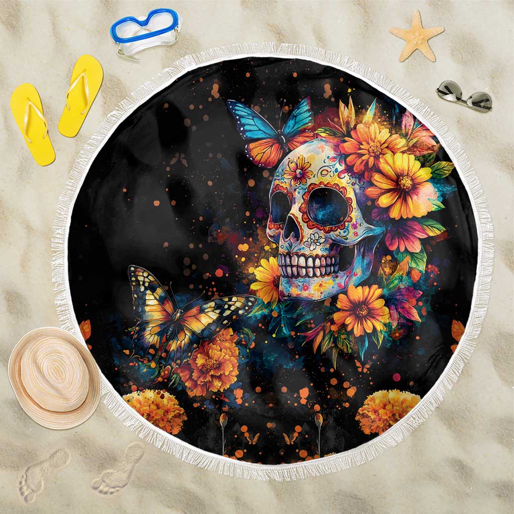 Mexican La Calaca and Marigold Flowers Beach Blanket Skull Day Of The Dead