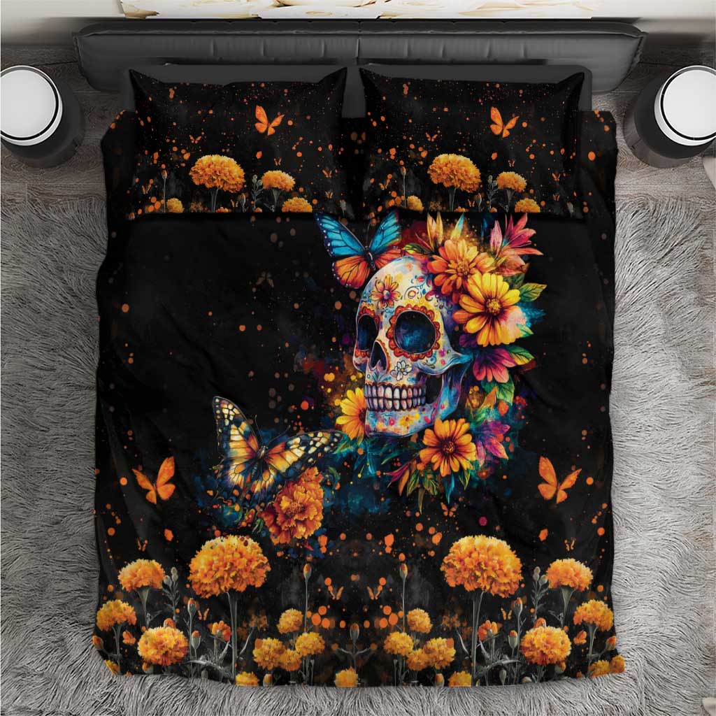 Black Day of the Dead bedding set with colorful skull, marigold flowers, and butterflies