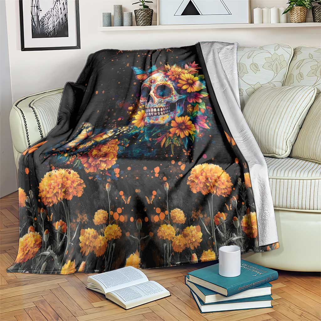 Black Day of the Dead blanket with colorful skull, marigold flowers, and butterflies