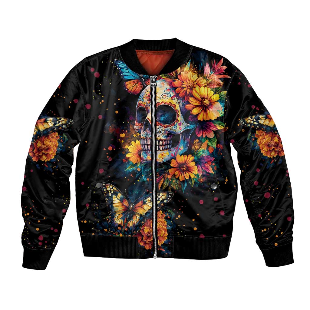 Mexican La Calaca and Marigold Flowers Bomber Jacket Skull Day Of The Dead LT9 - Wonder Print Shop