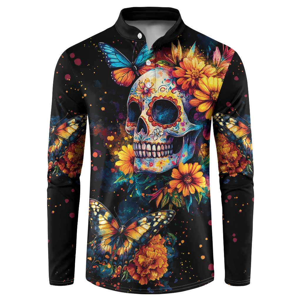 Black button sweatshirt with colorful skull, marigold-style flowers, and butterflies