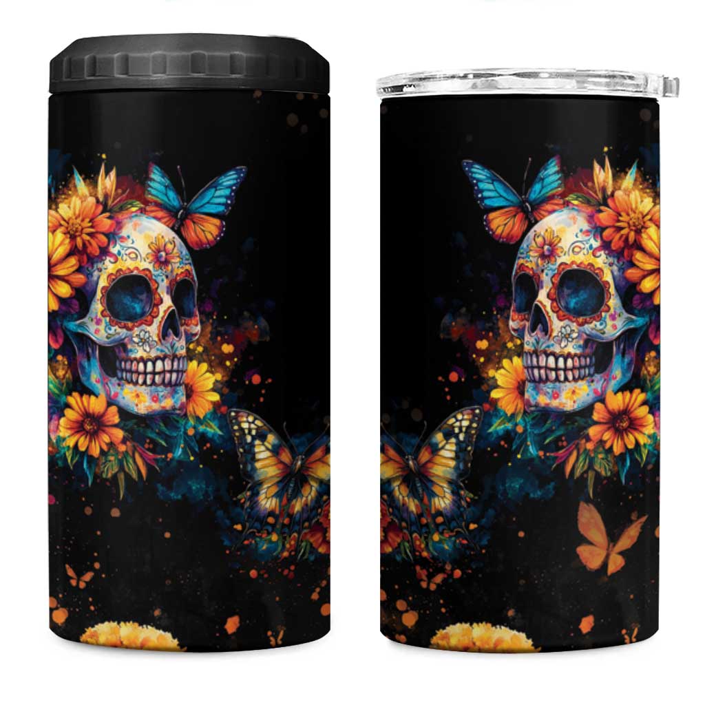 Mexican La Calaca and Marigold Flowers 4 in 1 Can Cooler Tumbler Skull Day Of The Dead