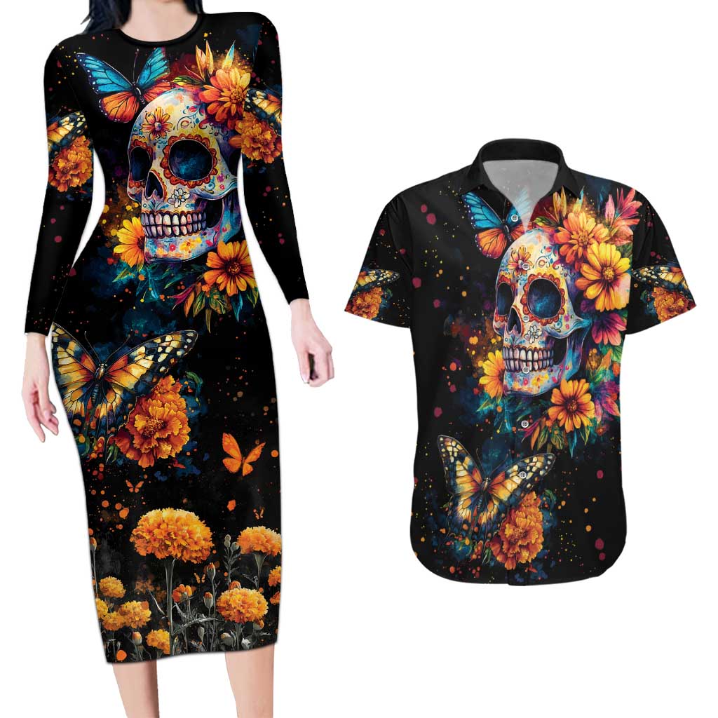 Mexican La Calaca and Marigold Flowers Couples Matching Long Sleeve Bodycon Dress and Hawaiian Shirt Skull Day Of The Dead LT9 - Wonder Print Shop