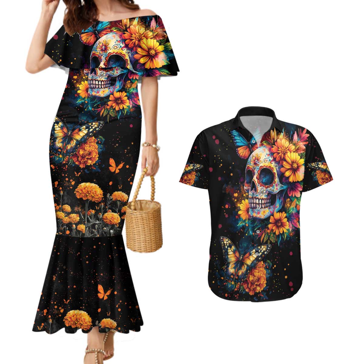 Mexican La Calaca and Marigold Flowers Couples Matching Mermaid Dress and Hawaiian Shirt Skull Day Of The Dead LT9 - Wonder Print Shop