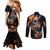 Mexican La Calaca and Marigold Flowers Couples Matching Mermaid Dress and Long Sleeve Button Shirt Skull Day Of The Dead