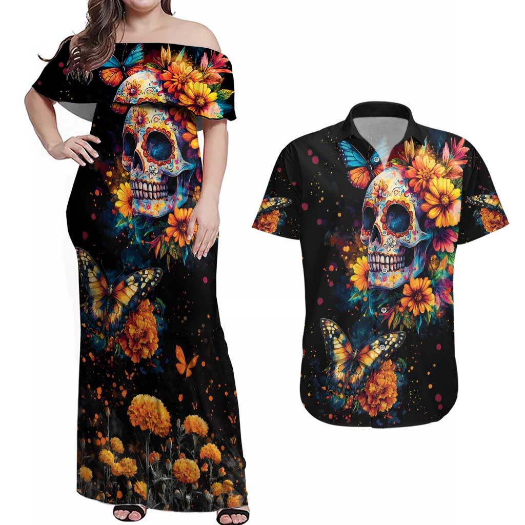 Mexican La Calaca and Marigold Flowers Couples Matching Off Shoulder Maxi Dress and Hawaiian Shirt Skull Day Of The Dead LT9 - Wonder Print Shop