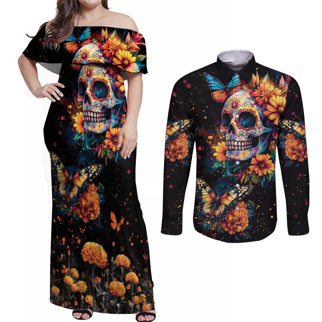 Mexican La Calaca and Marigold Flowers Couples Matching Off Shoulder Maxi Dress and Long Sleeve Button Shirt Skull Day Of The Dead