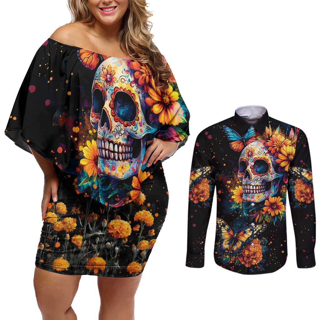 Mexican La Calaca and Marigold Flowers Couples Matching Off Shoulder Short Dress and Long Sleeve Button Shirt Skull Day Of The Dead