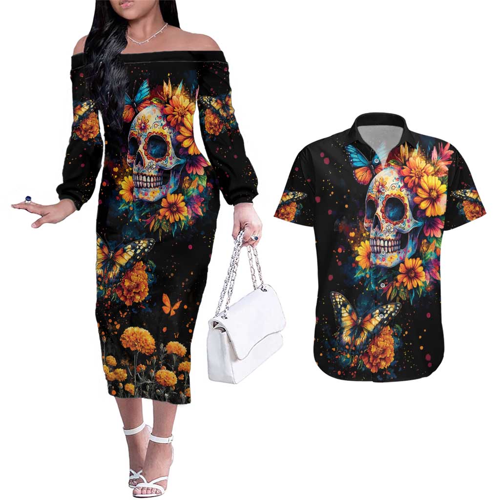 Mexican La Calaca and Marigold Flowers Couples Matching Off The Shoulder Long Sleeve Dress and Hawaiian Shirt Skull Day Of The Dead LT9 - Wonder Print Shop