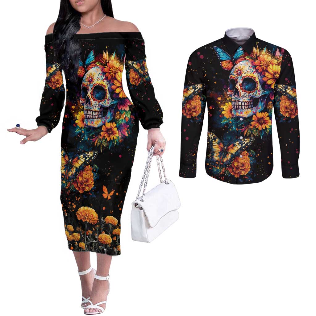 Mexican La Calaca and Marigold Flowers Couples Matching Off The Shoulder Long Sleeve Dress and Long Sleeve Button Shirt Skull Day Of The Dead