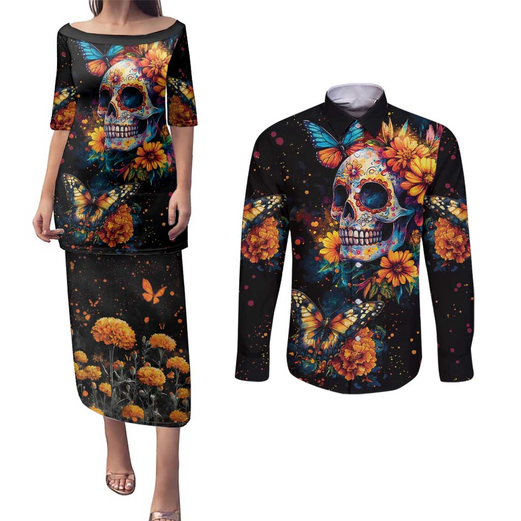 Mexican La Calaca and Marigold Flowers Couples Matching Puletasi and Long Sleeve Button Shirt Skull Day Of The Dead