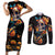 Mexican La Calaca and Marigold Flowers Couples Matching Short Sleeve Bodycon Dress and Long Sleeve Button Shirt Skull Day Of The Dead