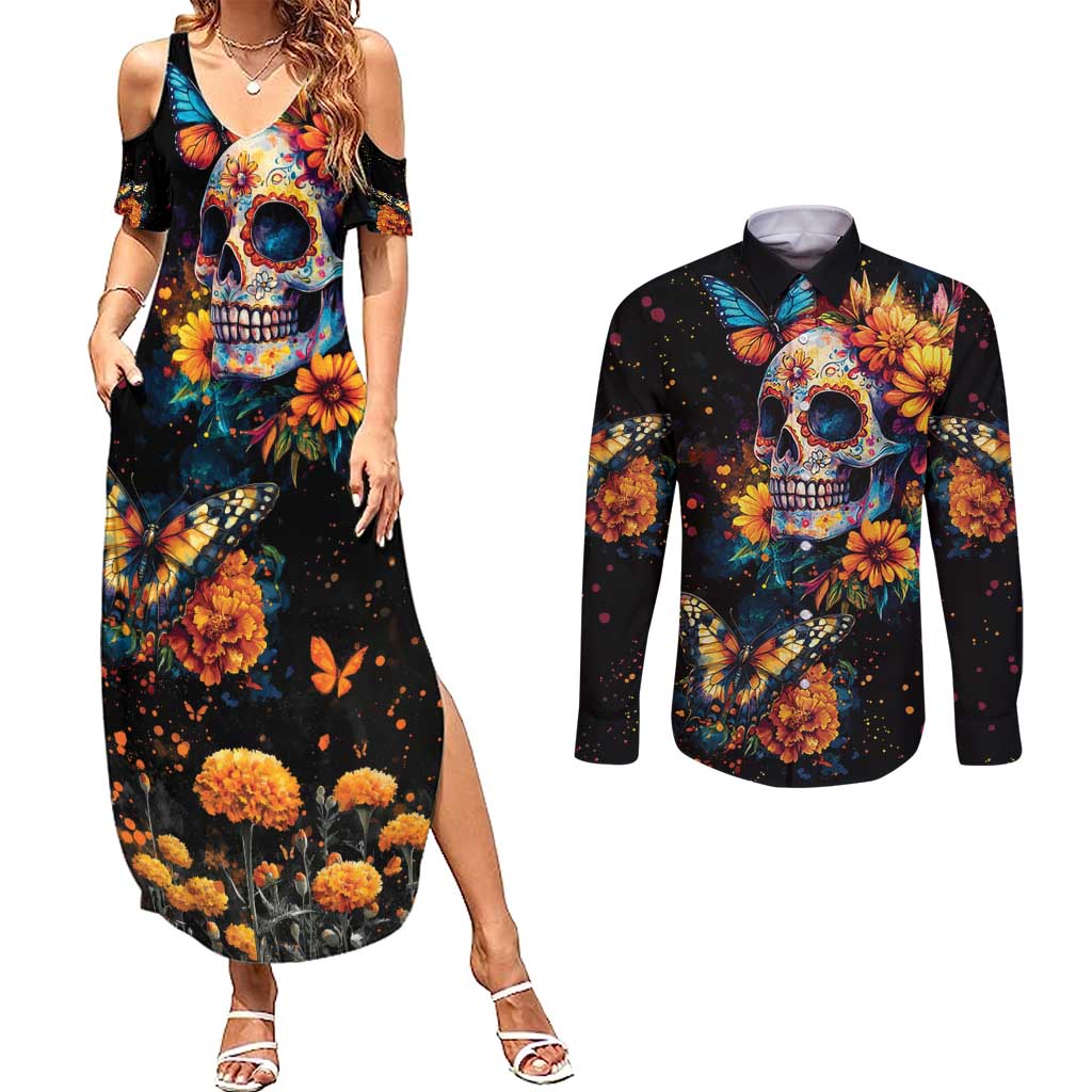 Mexican La Calaca and Marigold Flowers Couples Matching Summer Maxi Dress and Long Sleeve Button Shirt Skull Day Of The Dead