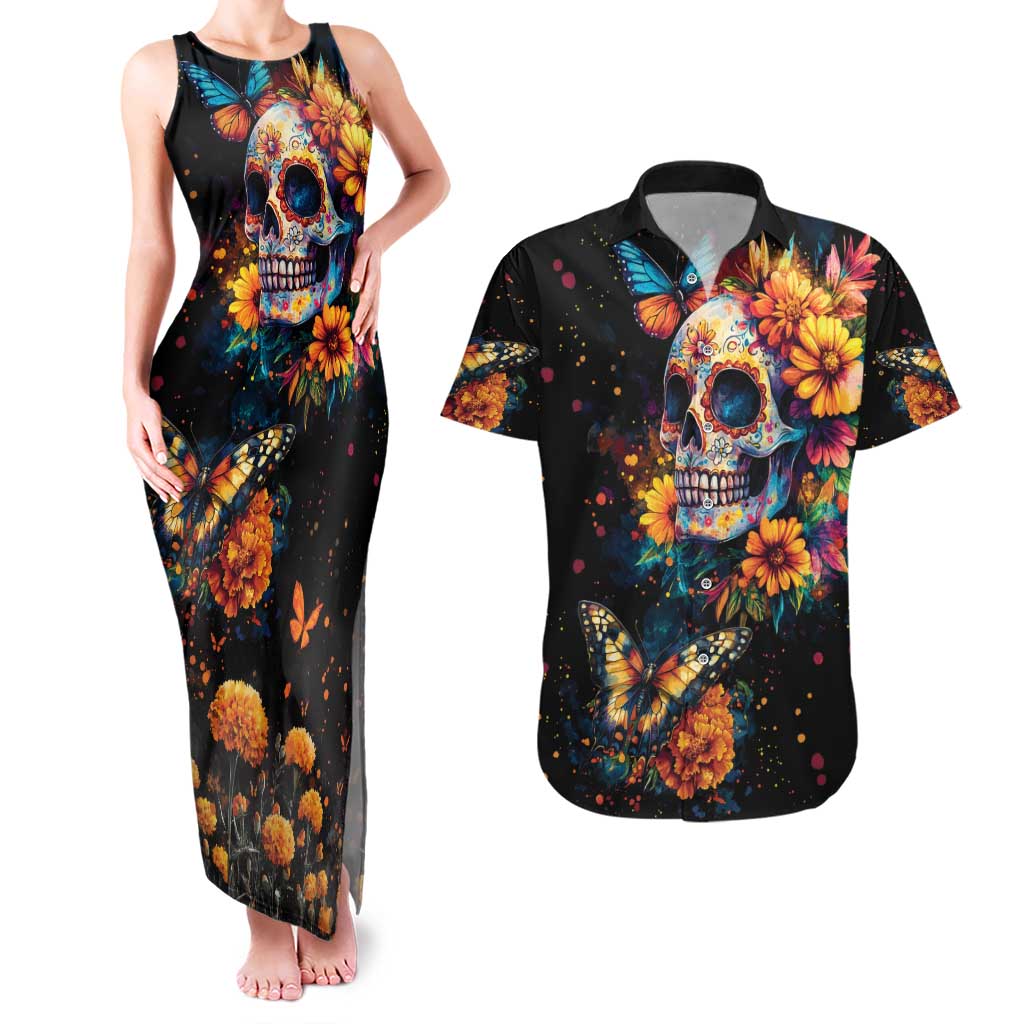 Mexican La Calaca and Marigold Flowers Couples Matching Tank Maxi Dress and Hawaiian Shirt Skull Day Of The Dead LT9 - Wonder Print Shop