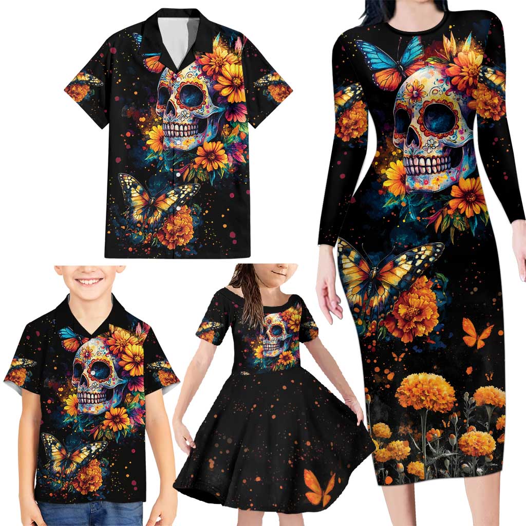 Mexican La Calaca and Marigold Flowers Family Matching Long Sleeve Bodycon Dress and Hawaiian Shirt Skull Day Of The Dead