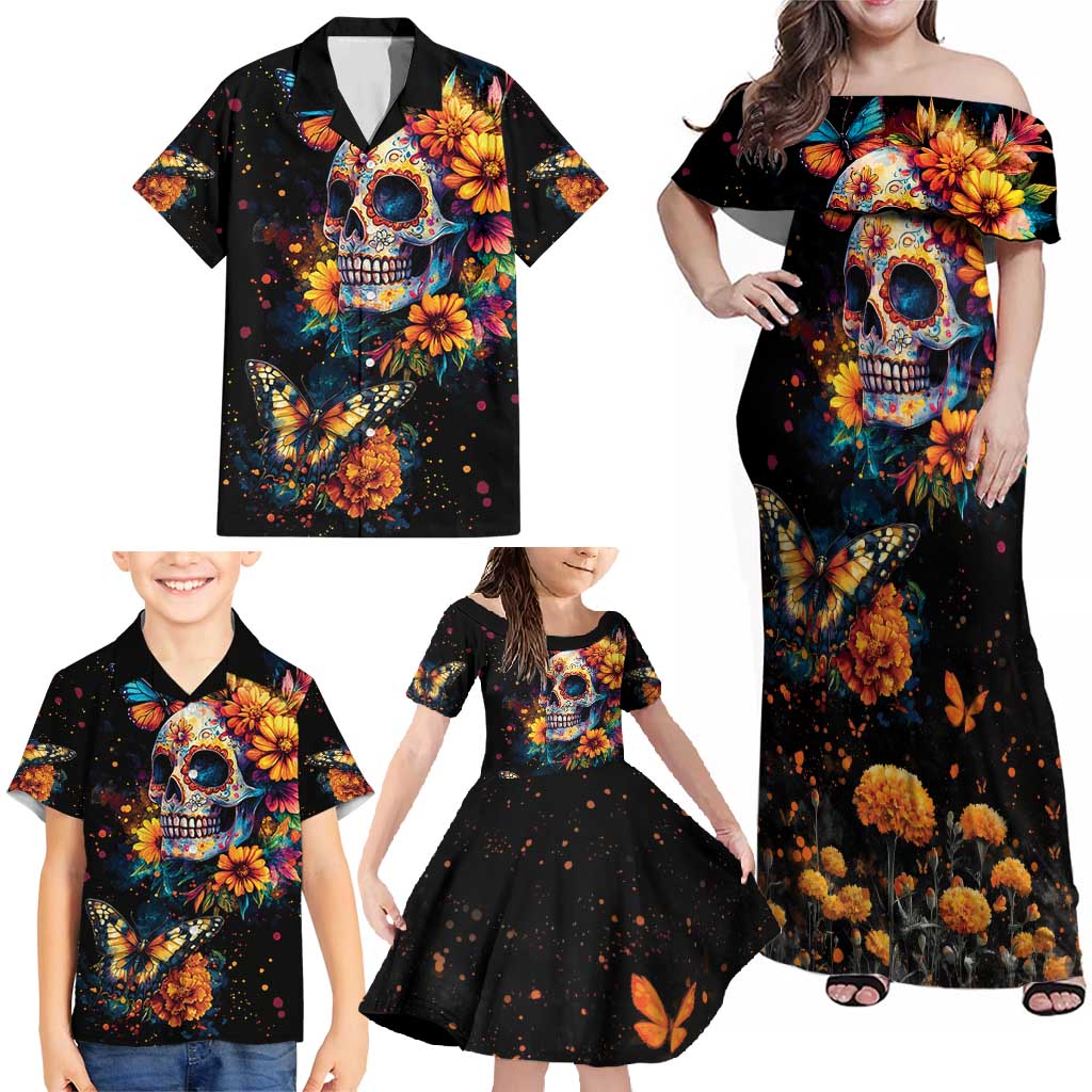 Mexican La Calaca and Marigold Flowers Family Matching Off Shoulder Maxi Dress and Hawaiian Shirt Skull Day Of The Dead