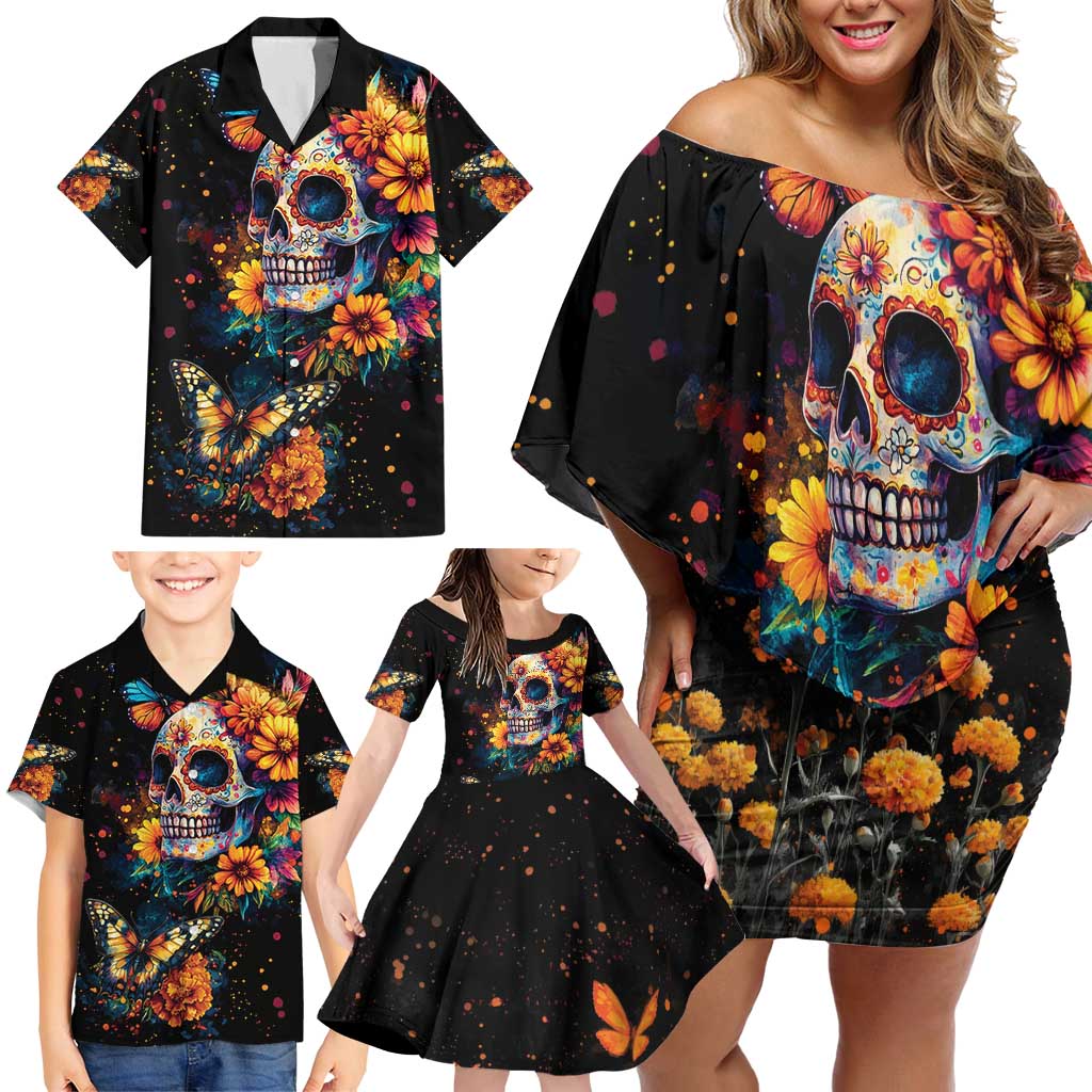 Mexican La Calaca and Marigold Flowers Family Matching Off Shoulder Short Dress and Hawaiian Shirt Skull Day Of The Dead