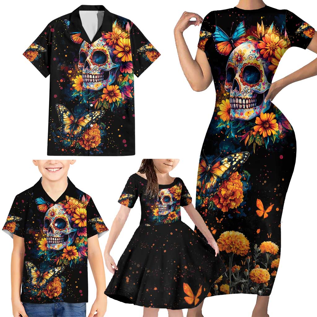 Mexican La Calaca and Marigold Flowers Family Matching Short Sleeve Bodycon Dress and Hawaiian Shirt Skull Day Of The Dead