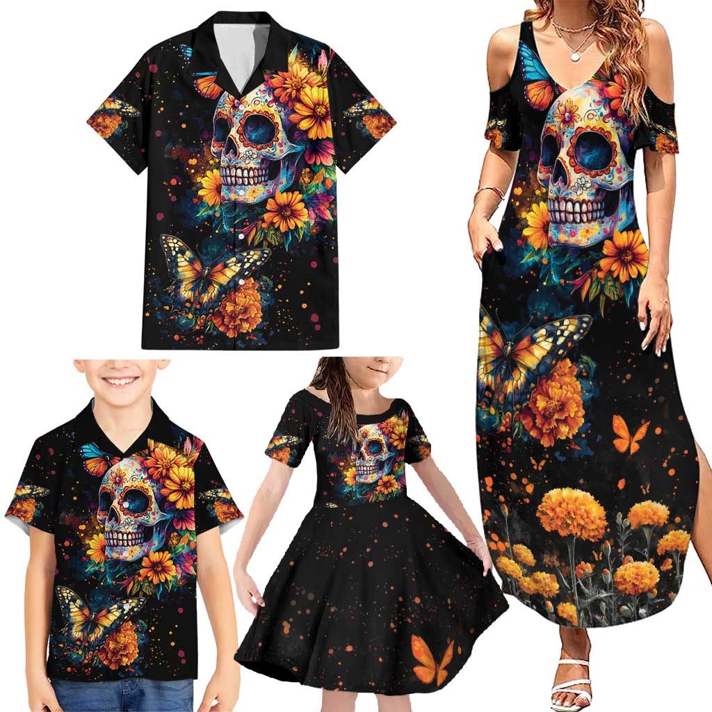 Mexican La Calaca and Marigold Flowers Family Matching Summer Maxi Dress and Hawaiian Shirt Skull Day Of The Dead