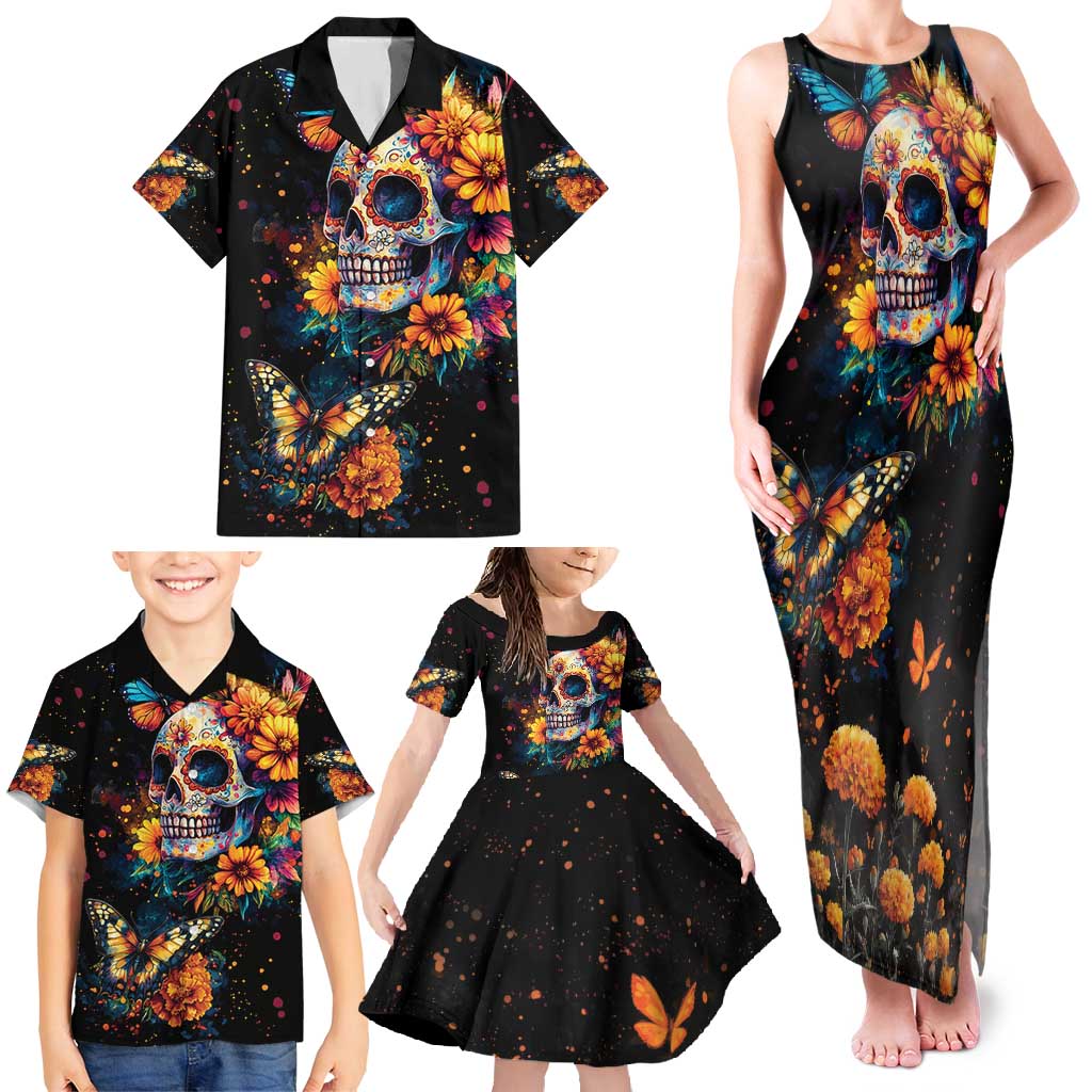 Mexican La Calaca and Marigold Flowers Family Matching Tank Maxi Dress and Hawaiian Shirt Skull Day Of The Dead