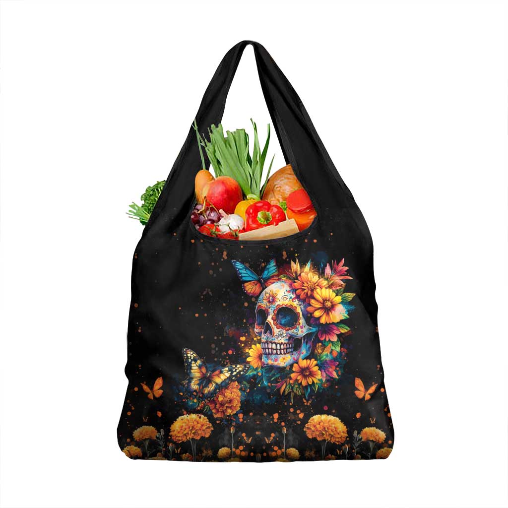 Mexican La Calaca and Marigold Flowers Grocery Bag Skull Day Of The Dead