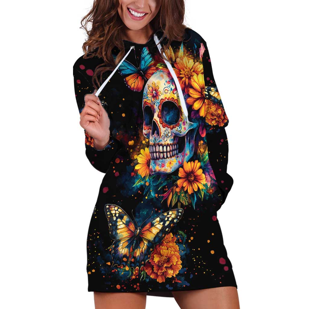 Mexican La Calaca and Marigold Flowers Hoodie Dress Skull Day Of The Dead - Wonder Print Shop