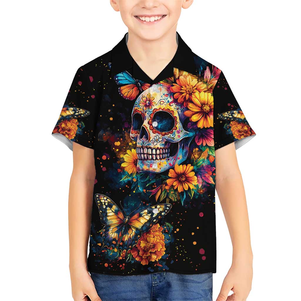 Mexican La Calaca and Marigold Flowers Kid Hawaiian Shirt Skull Day Of The Dead