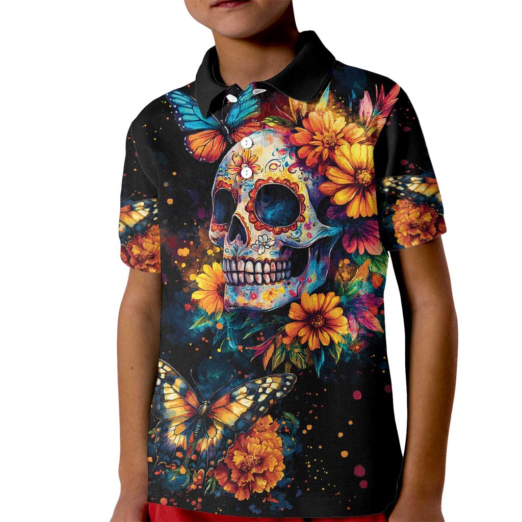 Mexican La Calaca and Marigold Flowers Kid Polo Shirt Skull Day Of The Dead - Wonder Print Shop