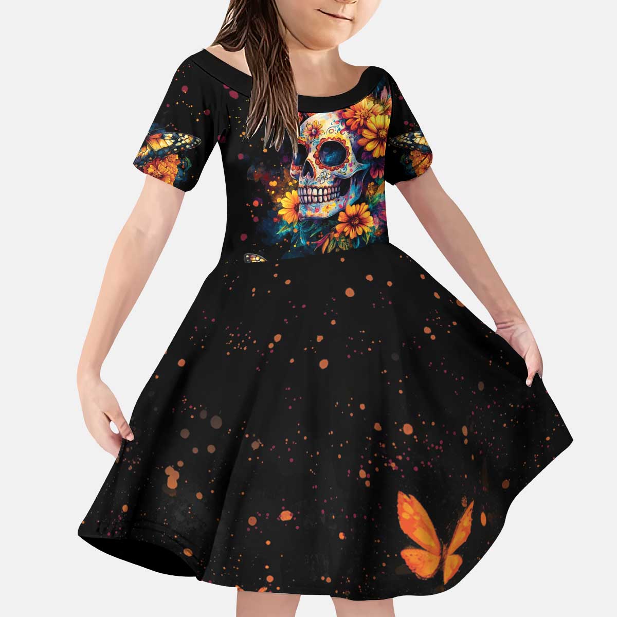 Mexican La Calaca and Marigold Flowers Kid Short Sleeve Dress Skull Day Of The Dead