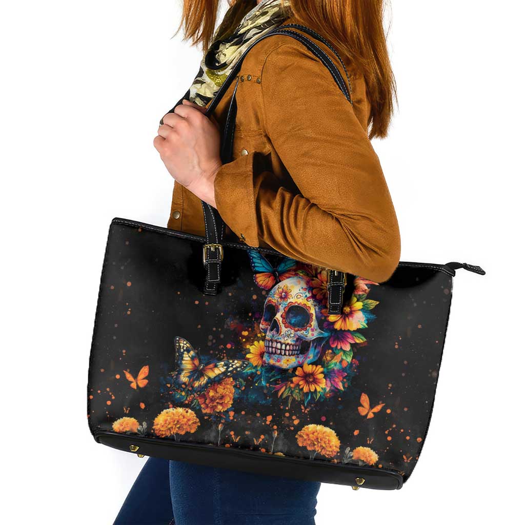 Mexican La Calaca and Marigold Flowers Leather Tote Bag Skull Day Of The Dead