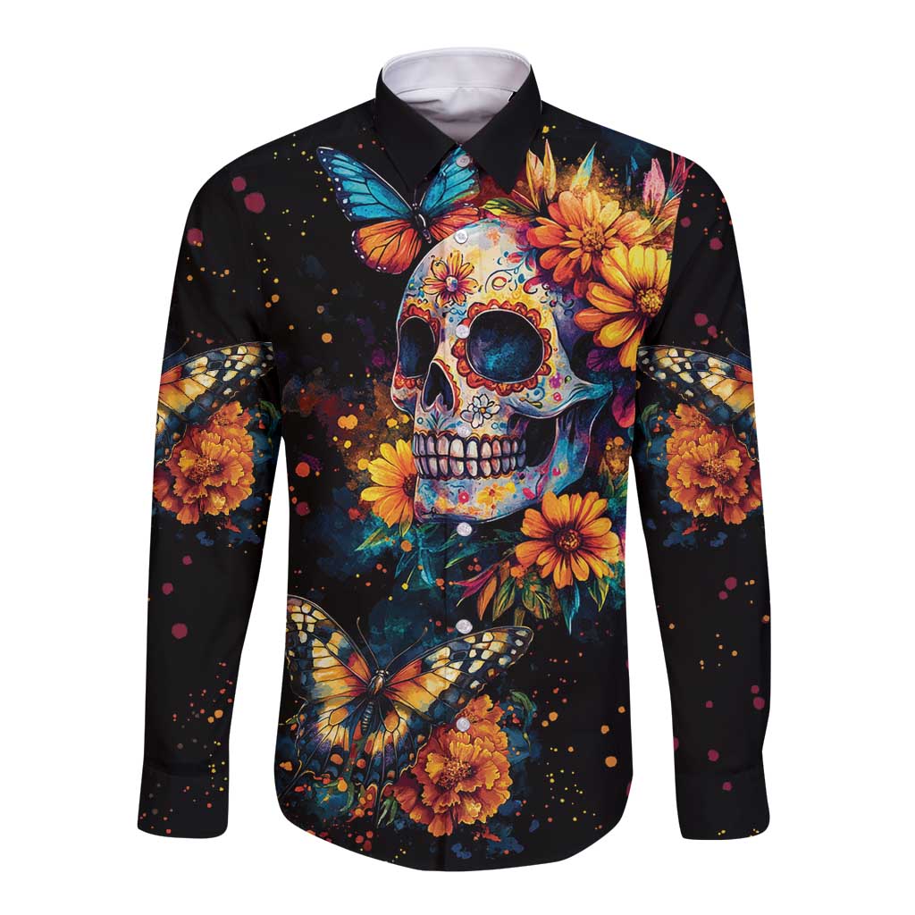 Mexican La Calaca and Marigold Flowers Long Sleeve Button Shirt Skull Day Of The Dead - Wonder Print Shop