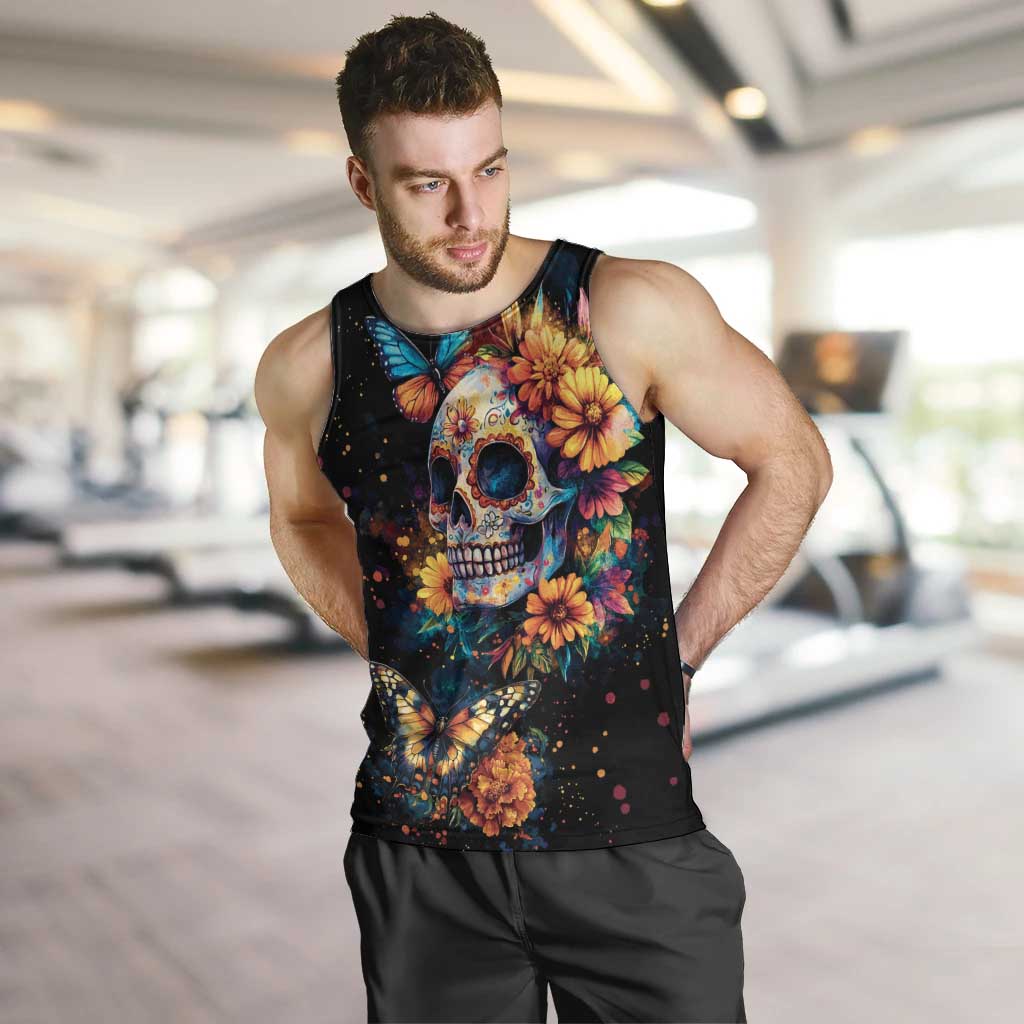 Mexican La Calaca and Marigold Flowers Men Tank Top Skull Day Of The Dead - Wonder Print Shop