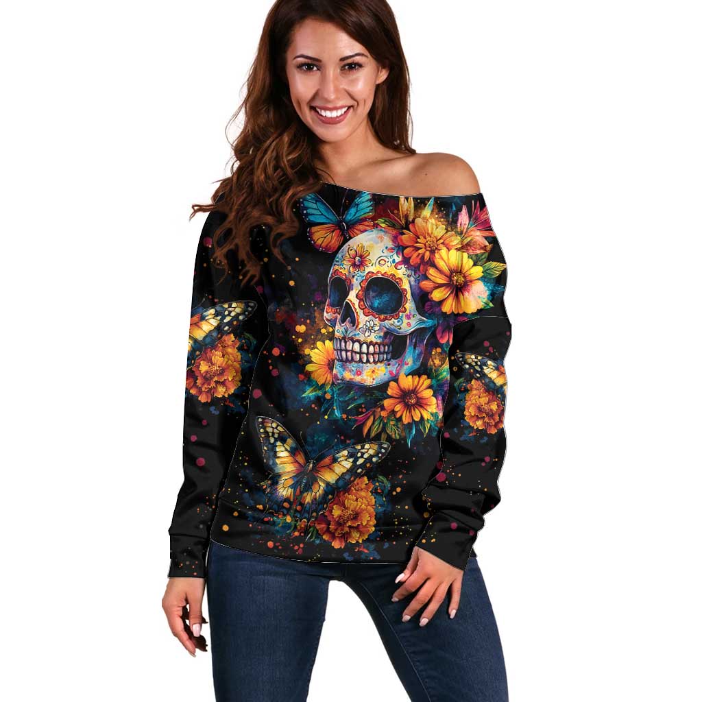 Mexican La Calaca and Marigold Flowers Off Shoulder Sweater Skull Day Of The Dead - Wonder Print Shop