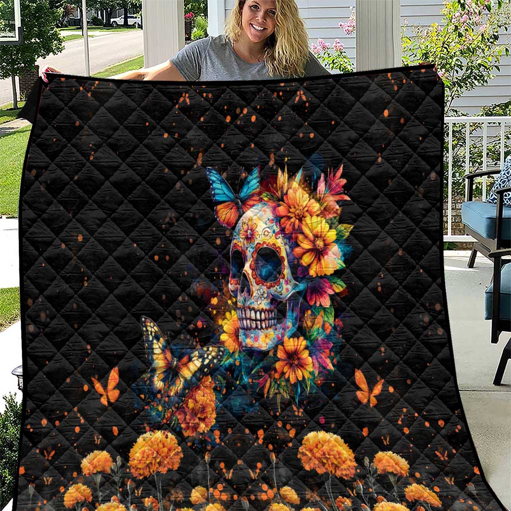 Mexican La Calaca and Marigold Flowers Quilt Skull Day Of The Dead