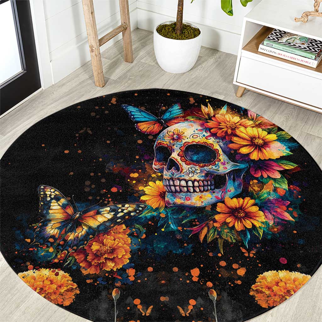 Mexican La Calaca and Marigold Flowers Round Carpet Skull Day Of The Dead