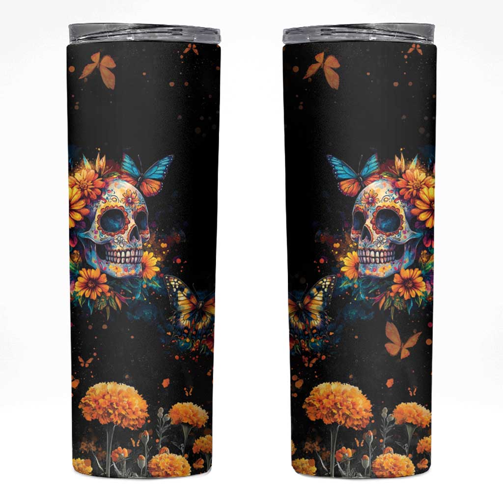 Mexican La Calaca and Marigold Flowers Skinny Tumbler Skull Day Of The Dead