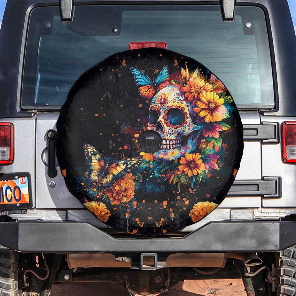 Mexican La Calaca and Marigold Flowers Spare Tire Cover Skull Day Of The Dead